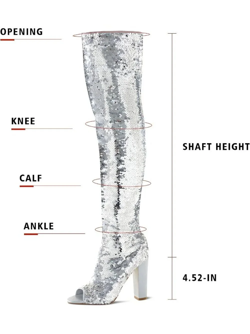 Women's Silver Chunky High Heels Open Toe Sequin Over The Knee Thigh High Boots